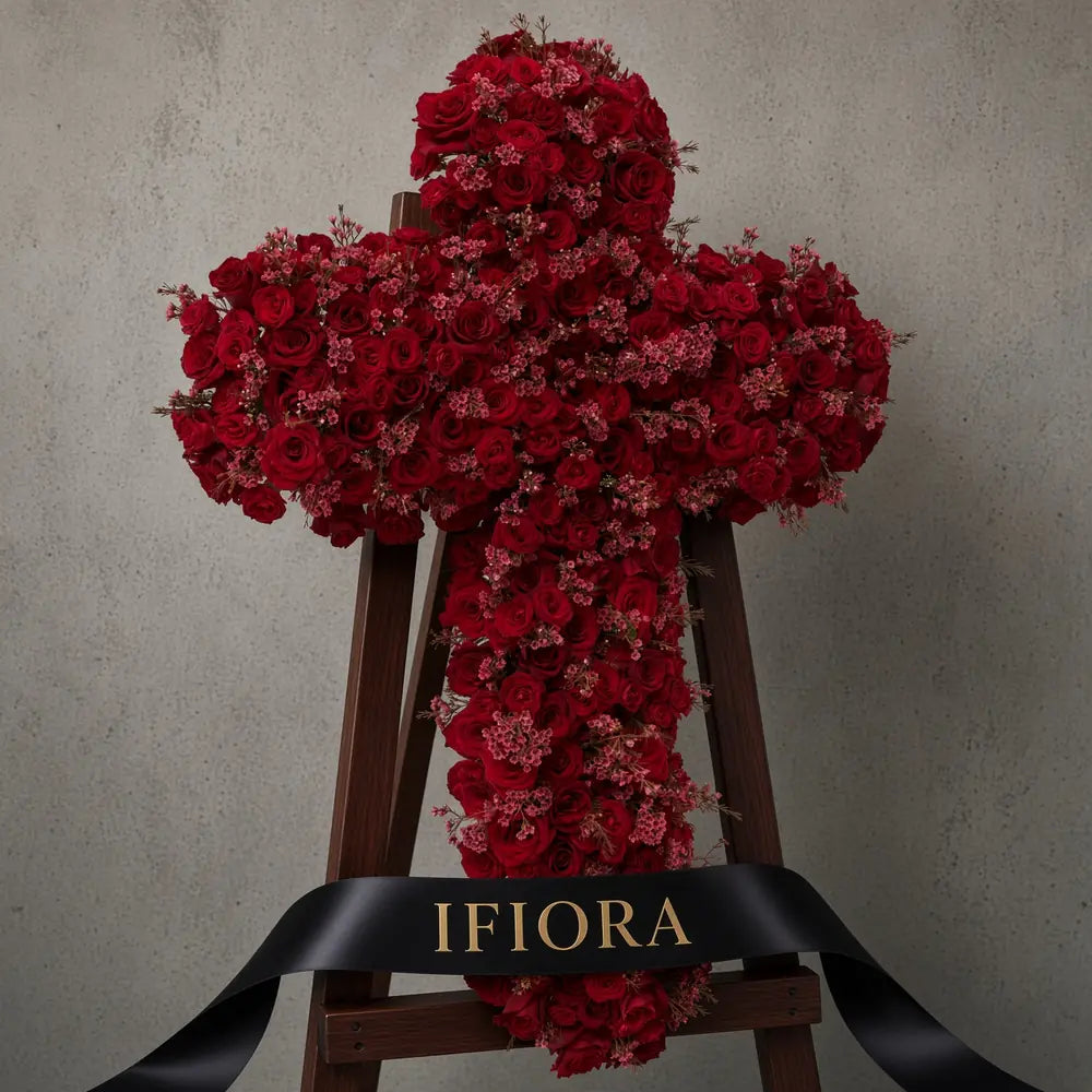 Eternal Love funeral flower cross of red roses and pink waxflower on a wooden stand with a black sash — funeral flowers IFIORA Warsaw