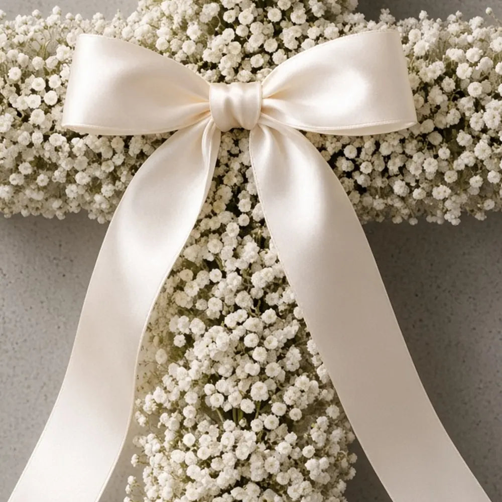Close-up of white gypsophila and a satin bow in a funeral cross — IFIORA florist, Warsaw (Mokotów)