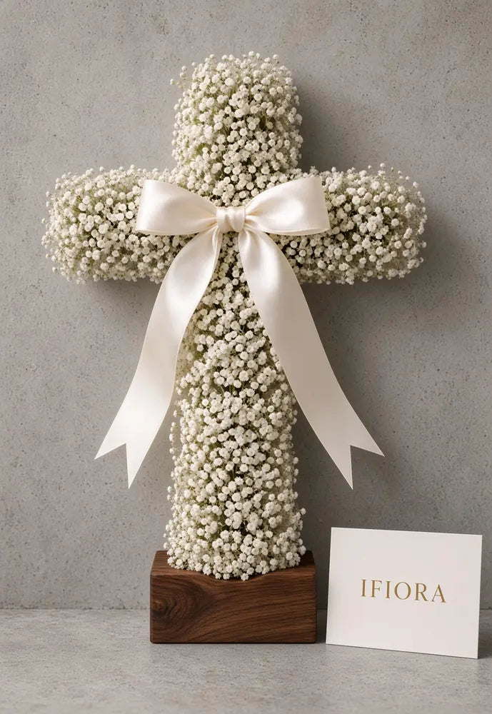 White Silence funeral flower cross of white gypsophila with a satin bow on a wooden base — funeral flowers IFIORA Warsaw