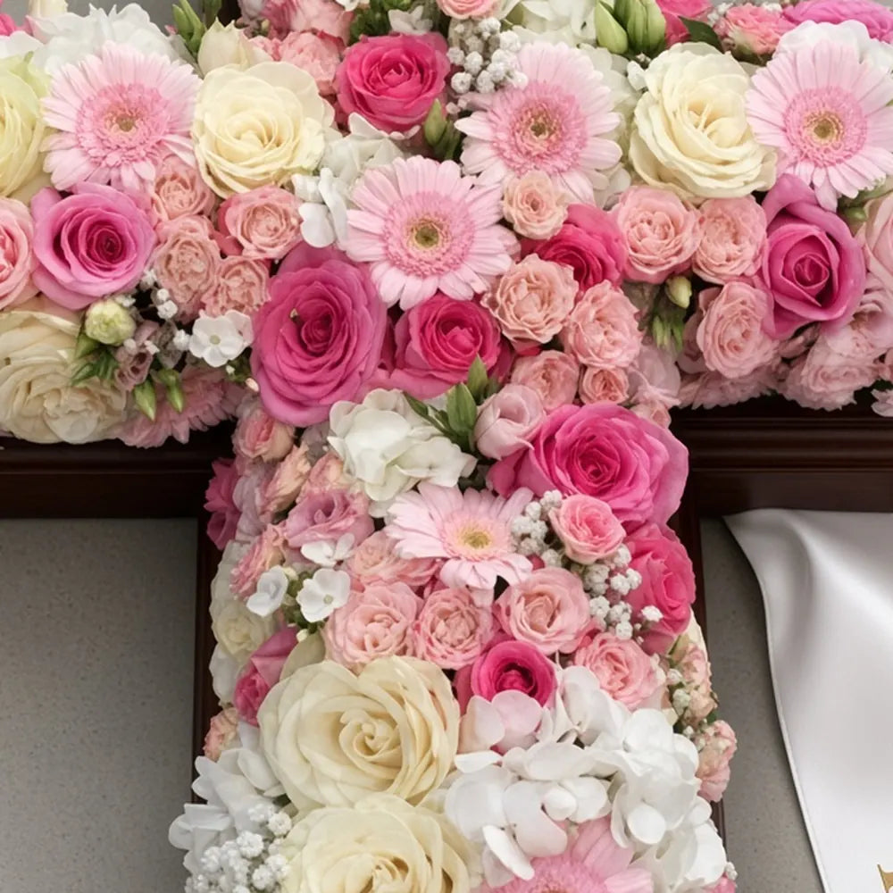 Close-up of pink roses, gerberas and hydrangea in a funeral cross — IFIORA florist, Warsaw (Mokotów)