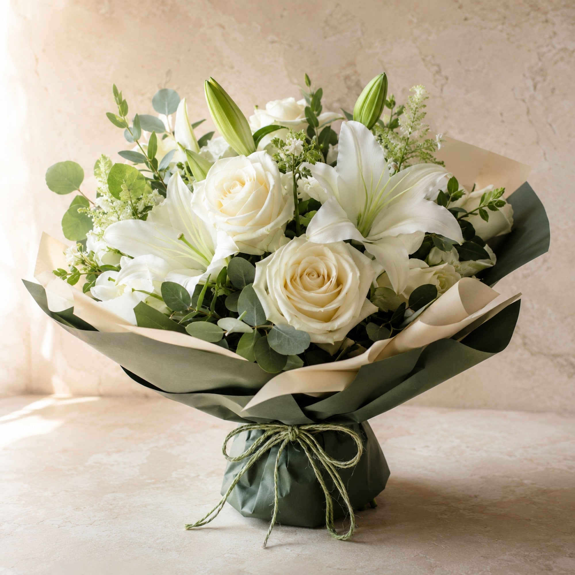 Rose and Lily Composition — main product photo of white, ivory, soft green bouquet for delivery in Warsaw, Poland by IFIORA.