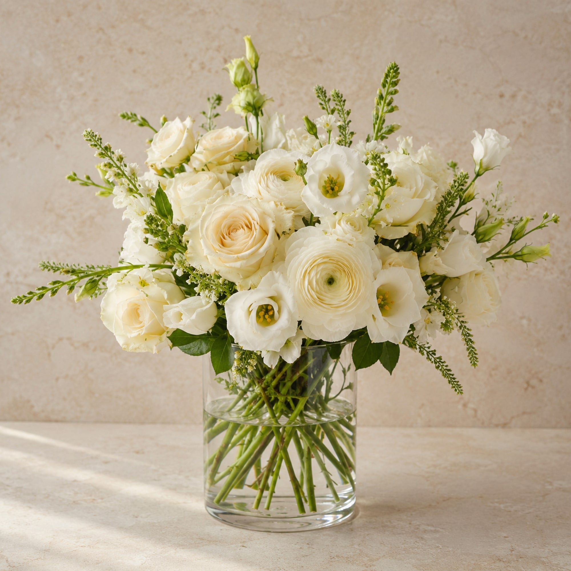 Vase Arrangement Ivory — main product photo of ivory, cream, soft green vase arrangement for delivery in Warsaw, Poland by IFIORA.