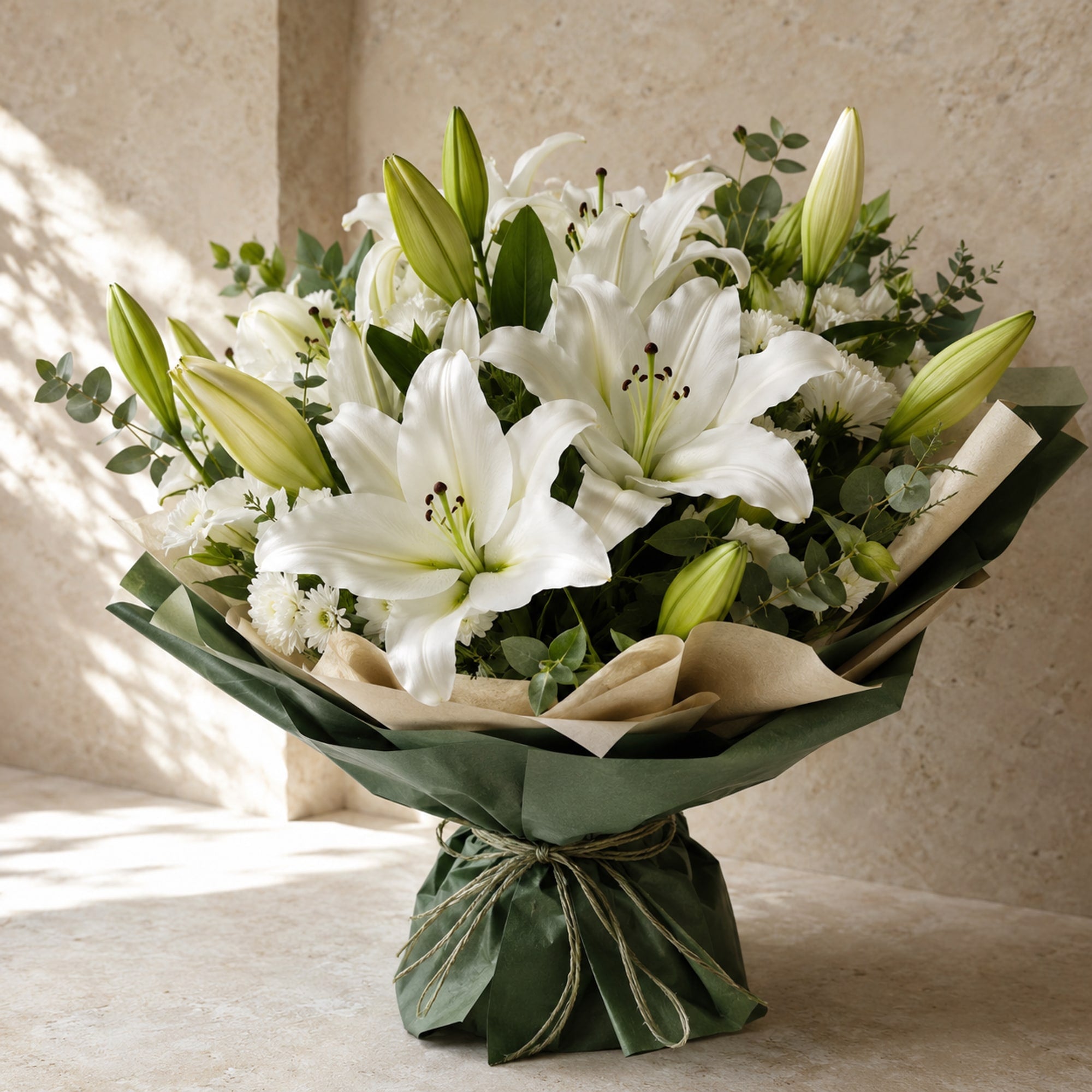 White Lily Arrangement — main product photo of white, soft green bouquet for delivery in Warsaw, Poland by IFIORA.