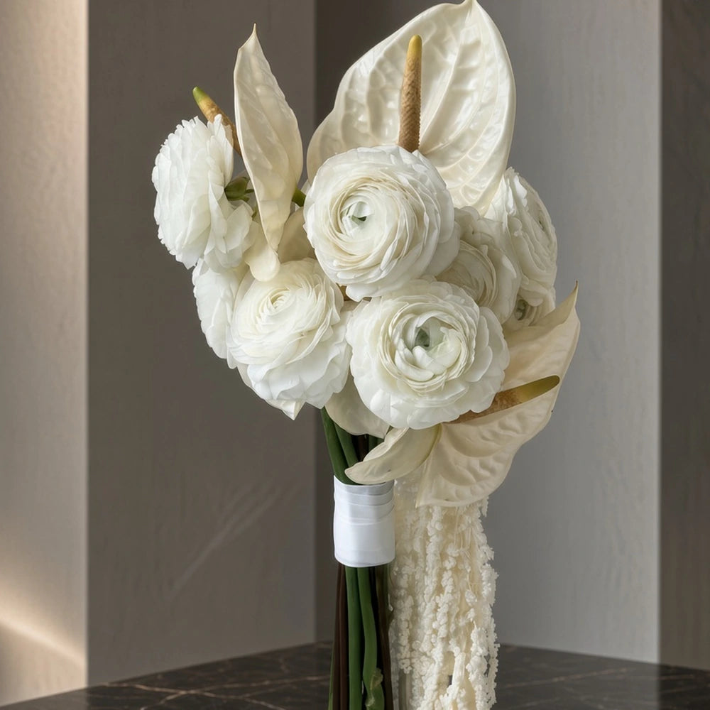 Close-up of white ranunculus and anthurium in a bridal bouquet — IFIORA florist, Warsaw (Mokotów)