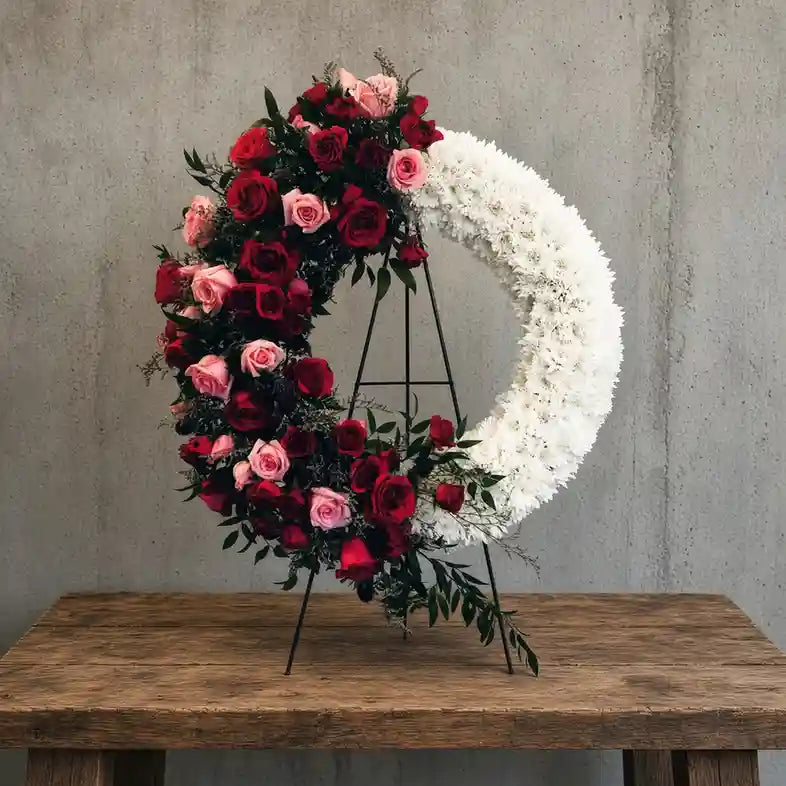 Oval wreath with a crescent of red and pink roses and white chrysanthemums, XL arrangement shown as a reference